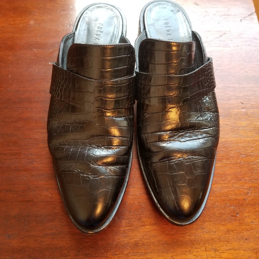 Freda Salvador Keen Mules Crocodile Black Leather